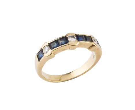 A sapphire and diamond half hoop eternity ring, alternately set with square step-cut sapphires and round brilliant-cut diamon