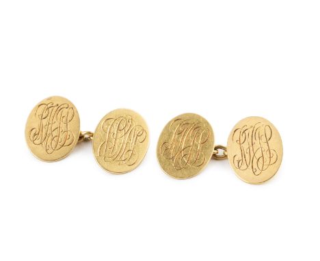 A collection of jewellery and watches, comprising a pair of oval panel cufflinks, with chain-link fittings, monogrammed, stam