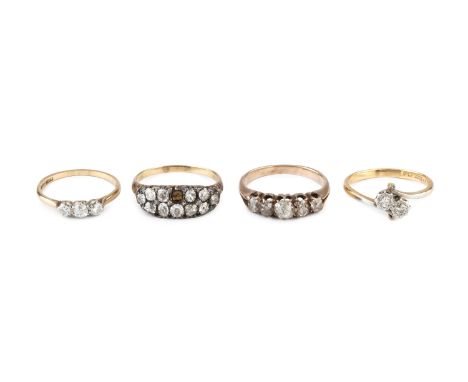 A diamond five stone ring, the graduated cushion-shaped old-cut diamonds in claw setting, yellow precious metal mounted, toge