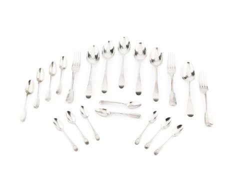 A collection of Georgian and later silver flatware, comprising a matched set of six old English pattern table spoons, includi