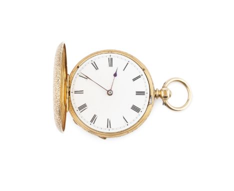 A hunter fob watch, the white enamel dial with Roman numerals, to a key wind movement, the case profusely engraved with folia