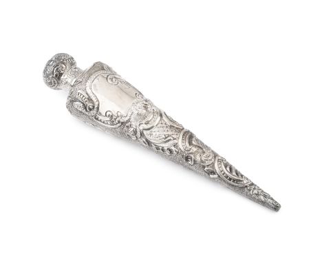 A late Victorian silver conical scent flask, embossed with flowers and foliate c-scrolls on a textured ground, with glass inn