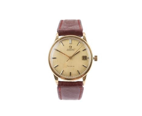 A 9ct gold cased automatic wristwatch by Omega, the circular dial with black insert baton markers, date display at 3 and cent