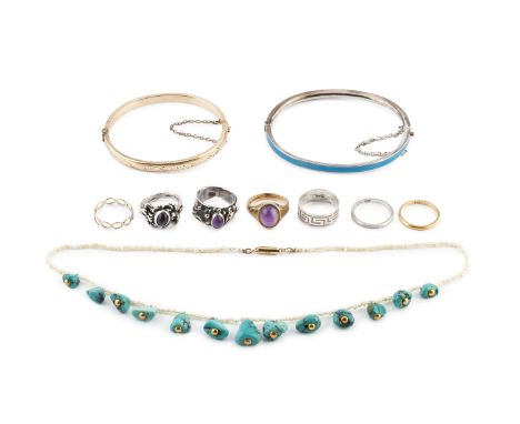 A turquoise and seed pearl fringe necklace, designed as a line of graduated baroque turquoise beads suspended from a seed pea