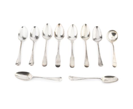 A pair of George II silver Hanoverian pattern table spoons, by Edward Pocock, London 1731, another by Robert Sallam, London 1