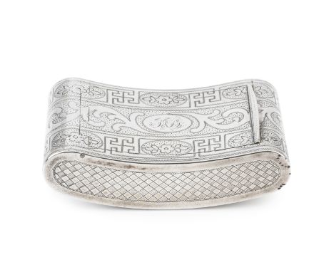 A George III silver snuff box, of curved rectangular form with rounded ends, and engraved decoration by John Shaw, Birmingham