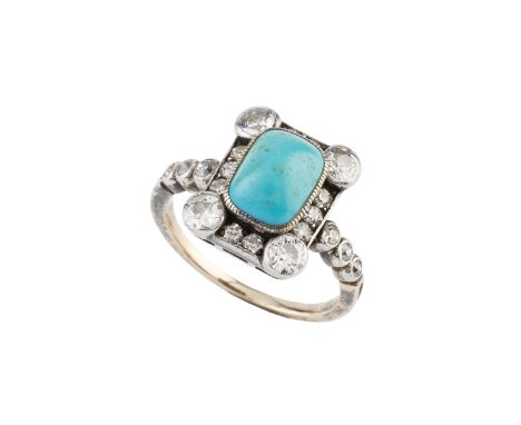A turquoise and diamond cluster ring, the cushion-shaped cabochon turquoise in millegrain collet setting, bordered by graduat
