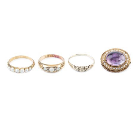 A late Victorian opal and diamond half hoop ring, 18ct gold mounted, hallmarked for Chester 1898, together with a half pearl 