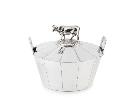 A Victorian silver butter dish and matched cover, in the form of a twin handled tub, the cover with standing cow finial, the 