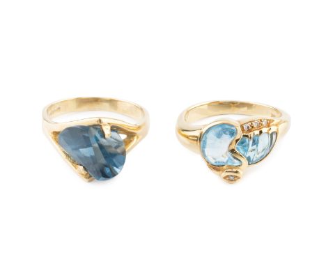 A diamond and blue stone dress ring, designed as an abstract bird, stamped '18K', and a further blue stone dress ring, stampe