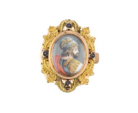 A 19th century portrait miniature clasp, the oval portrait miniature on ivory depicting a Roman centurion, to a gilt metal mo