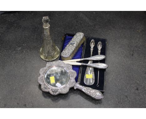 Pair of silver handled glove stretchers, silver handled shoehorn and button hook, Birmingham silver framed hand mirror, brush