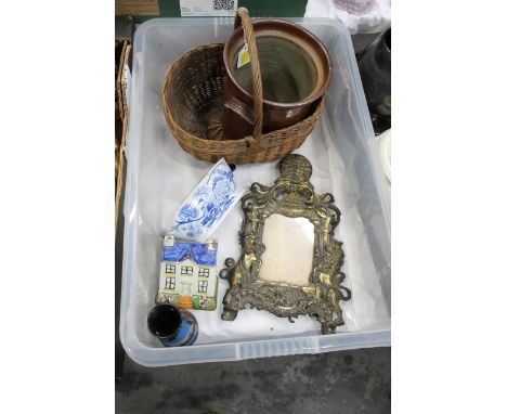 Vintage basket, Staffordshire money box, early 20th century brass photo frame etc 