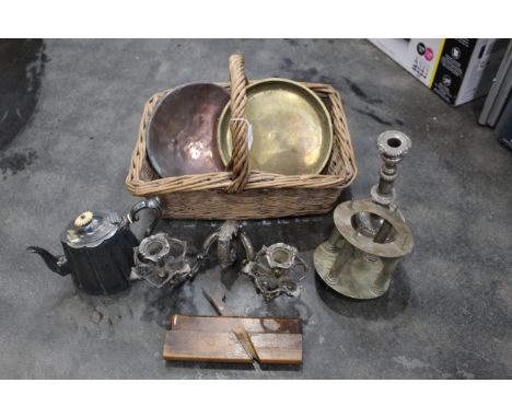 Vintage wicker basket, plated teapot, candlesticks etc 