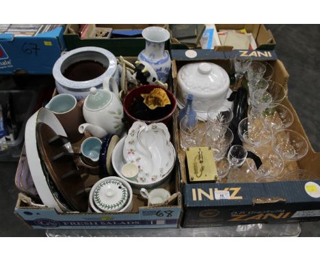 Two boxes of glassware, jardinieres, teapot, glass rolling pin, clock, Portmeirion Botanic Garden, jam pot etc