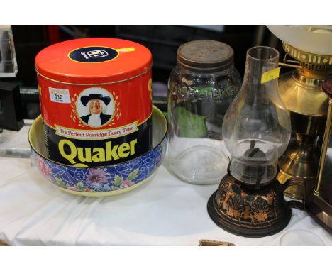 Vintage Quaker Oats tins, Horlicks jar, bowl &amp; early 20th century oil lamp 