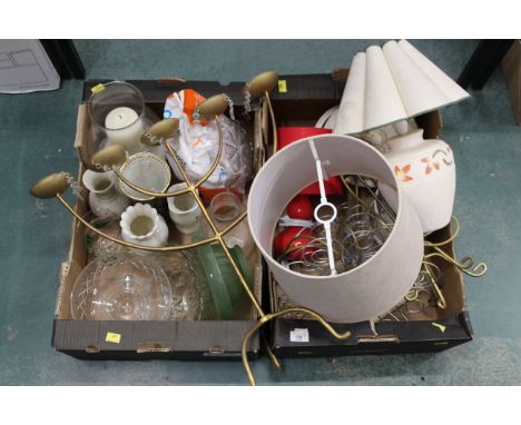 Two boxes of Irish porcelain vases, glassware, light fittings etc 