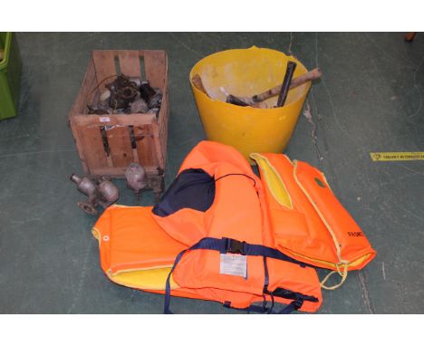 Vintage Jaffa Valencia crate, 2 life jackets, carburetors and tub of vintage tools