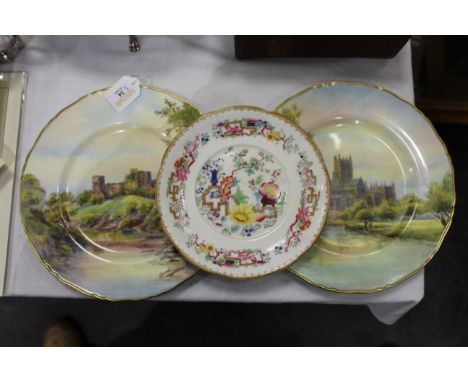 Two Royal Worcester dinner plates, Bothwell Castle and Wells Cathedral, and a Chinese pattern late Victorian plate