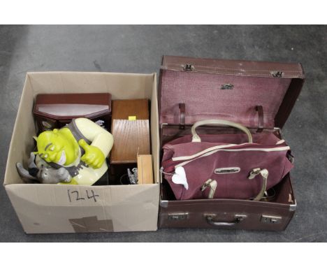 Vintage suitcase and box of jewellery boxes, desk tidy etc