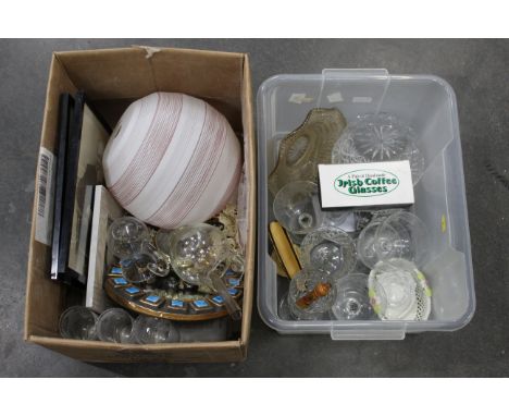 Two boxes of pictures, glassware, lamp shade etc