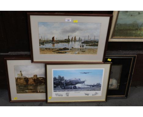 Picture of a Lancaster bomber, coastal scene, harbour scene and a portrait