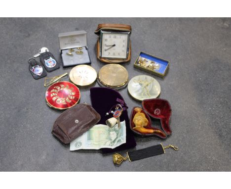 Box of compacts, vintage pipe in case, travel clock etc 