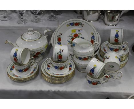Aynsley Famille Rose tea set, cups, saucers, teapot, sugar basin, jug and sandwich plate (37 pieces)