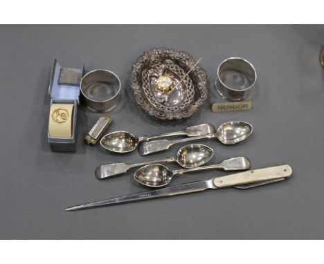 Box of silver items, napkin rings, bonbon dish, teaspoon, stainless steel letter opener, ivorine napkin ring and miniature ha