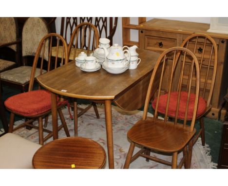 Dinette drop leaf dining table with four chairs, in the Ercol style, table length when extended 101 cm