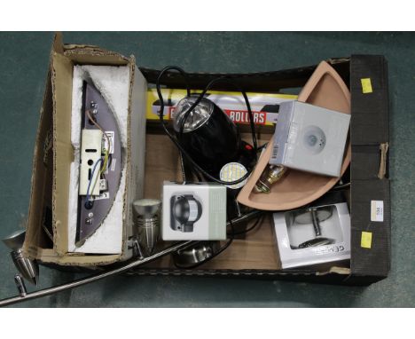 Box of light fittings, easymove rollers and electric coffee bean grinder