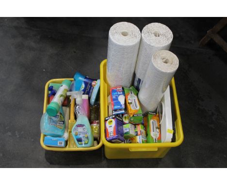 Two boxes of cleaning materials, light bulbs, wallpaper, scales etc 