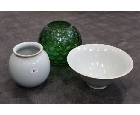 Green glass vase, bowl and ceramic vase 