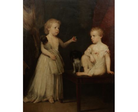 Attributed to Sir William Beechey R.A (Burford 1753-1839 London)Portrait of two children with a dog in an interior oil on can