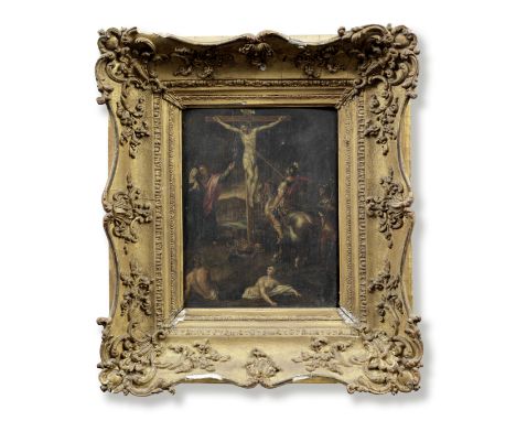 Prague School, 17th CenturyThe Crucifixion oil on panel28.2 x 21.7cm (11 1/8 x 8 9/16in).This lot is subject to the following