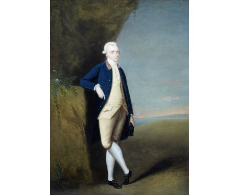 Circle of Edward Haytley (active Britain, 1740-1762)Portrait of a gentleman, full-length, in a buff waistcoat and blue coat i