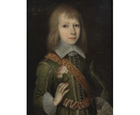Follower of Gilbert Jackson (active England 1621-1642)portrait of a boy, half-length, in green embroidered costume holding a 