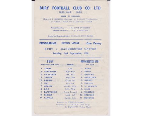Bury v Manchester United Sept 1958, light crease, single sheet, very good