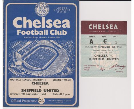 Programme and ticket for the Chelsea v Sheffield United match 9th September 1961. Generally good