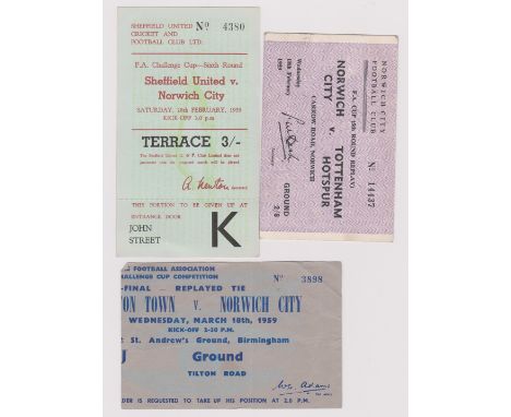 Norwich City Ticket 1958/59 v Tottenham Hotspur (5th round cup replay) 1958/59 v Luton replayed cup, 1958/59 v Sheffield Wedn