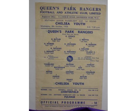 Single card programme Queen's Park Rangers v Chelsea 8th October 1958. Southern Junior Floodlight Cup 1st Round. Light horizo