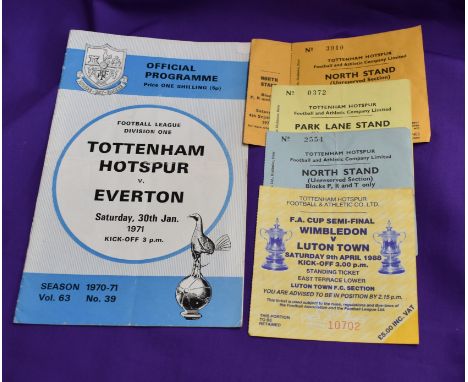 Tottenham programme and 4 tickets. Tottenham v Everton programme 1970/71 (with ticket) plus 3 home tickets v Liverpool 1971/7