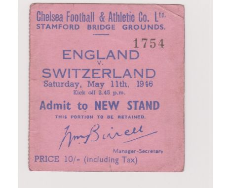 Ticket England v Switzerland at Stamford Bridge Chelsea 11th May 1946. Generally good