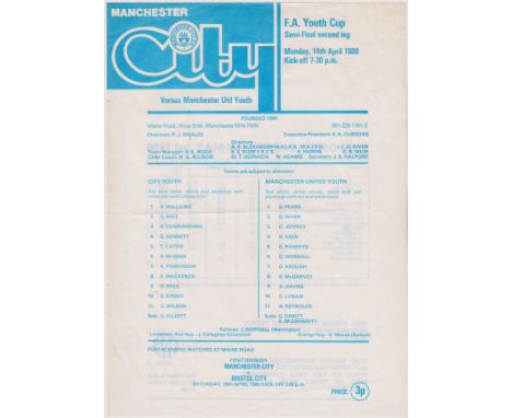Single sheet programme Manchester City v Manchester United FA Youth Cup Semi Final 14th April 1980. Light horizontal fold. No