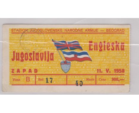Ticket Jugoslavia v England in Belgrade 11th May 1958. Good