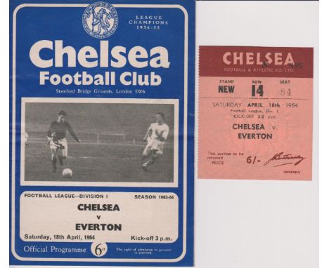 Programme and ticket for the Chelsea v Everton match 18th April 1964. Generally good