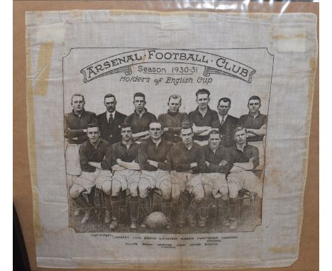 A large handkerchief 40cm's x 40cm's depicting a team photo of the Arsenal team from  the 1930/31 season. Arsenal won the FA 