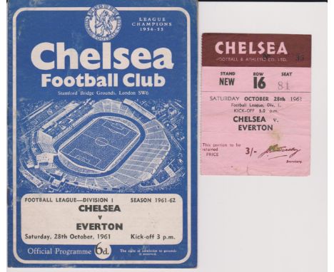 Programme and ticket for the Chelsea v Everton match 28th October 1961. Generally good