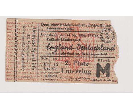 Ticket Germany v England in Berlin 14th May 1938. Small piece missing at side probably torn on entry. Generally good
