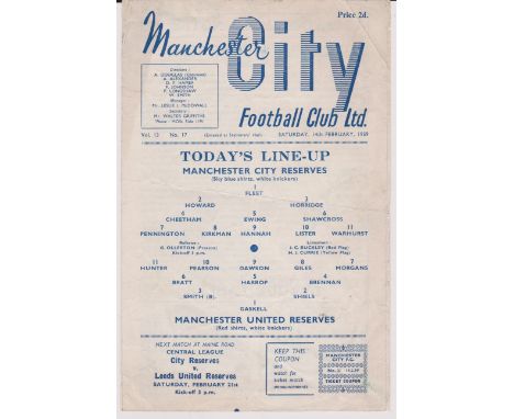 Manchester City Reserves v Manchester United Reserves, Feb 1959, good with ticket coupon